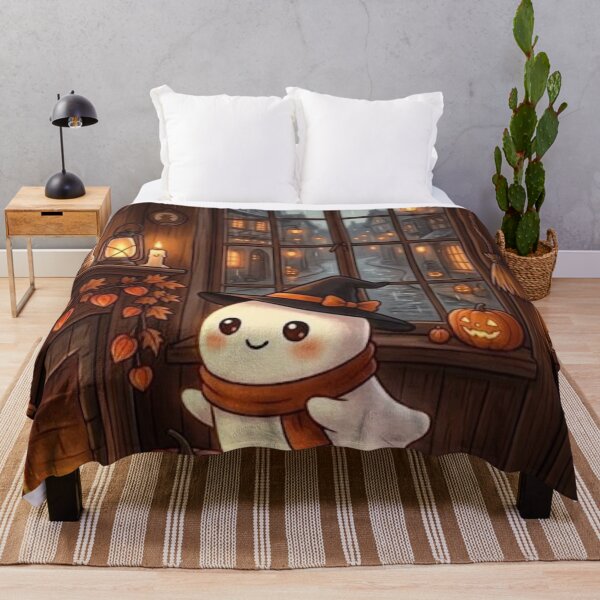Item preview, Cozy Little Ghost in Witch Hat — Halloween Cottage Fireplace Interior Art designed and sold by LYAN-STORE.