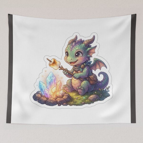 Item preview, Tiny Cute Dragon Roasting Marshmallow Over Glowing Crystal Campfire Art designed and sold by SAMORA ORIGINALS.