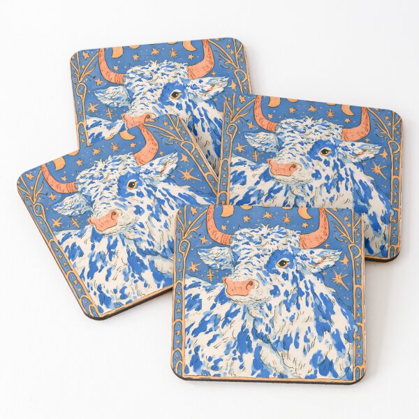 Item preview, Blue Spotted Taurus Zodiac Cow Art Nouveau | Celestial Tarot designed and sold by kuwagatamushi.