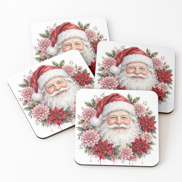 Item preview, Watercolor Santa Claus with Pink Dahlias and Red Poinsettias Floral Wreath designed and sold by Deepsleepstudio.