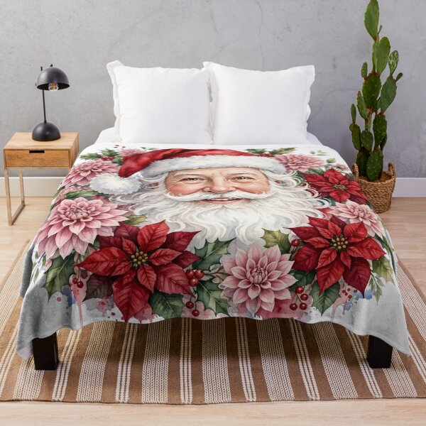 Item preview, Watercolor Santa Claus with Pink Dahlias and Red Poinsettias Floral Wreath designed and sold by Deepsleepstudio.