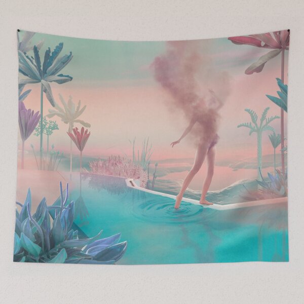 Item preview, Surreal Woman Dissolving into Dust at Infinity Pool in Pastel Landscape designed and sold by Vizerskaya.