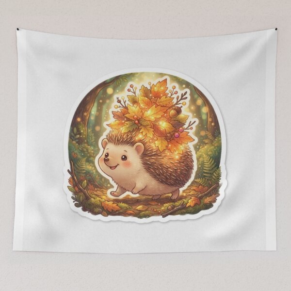 Item preview, Adorable Hedgehog Carrying Stack of Glowing Autumn Leaves Forest Art designed and sold by SAMORA ORIGINALS.