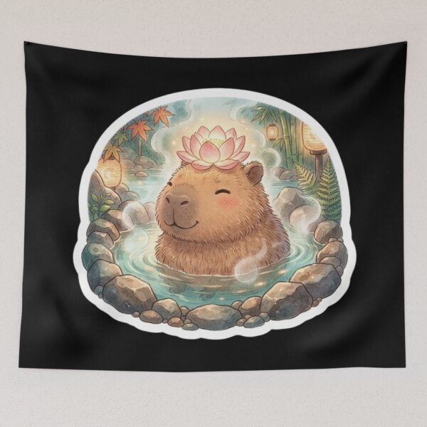 Item preview, Fluffy Capybara Relaxing in Hot Spring with Glowing Lotus Flower Art designed and sold by SAMORA ORIGINALS.