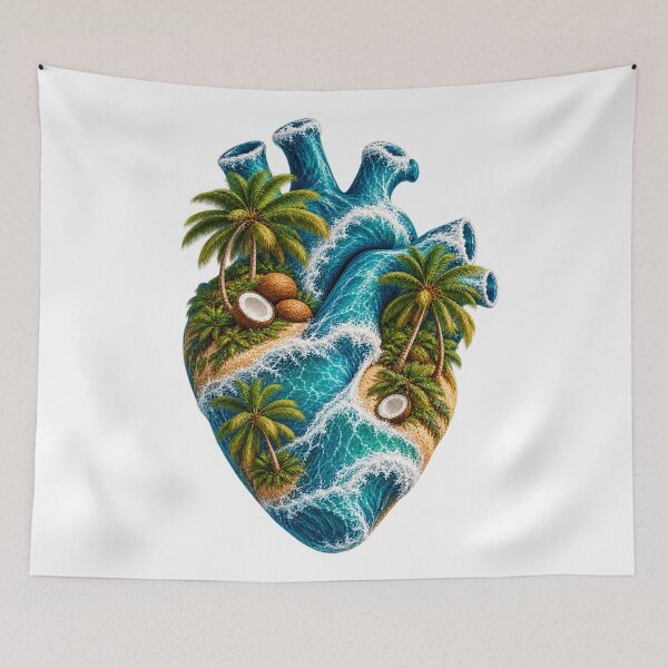 Item preview, Tropical Ocean Heart with Palm Trees and Coconut Island designed and sold by The Happiness Market .