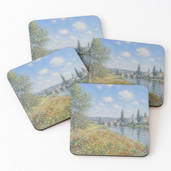 Item preview, Red Poppy Meadow by a French Riverside Village – Impressionist Landscape Painting designed and sold by Amalia Gutyz.