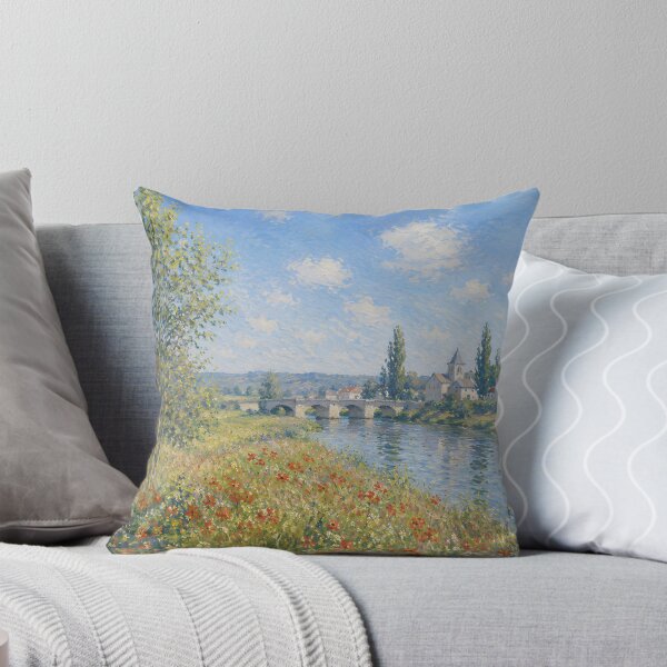 Item preview, Red Poppy Meadow by a French Riverside Village – Impressionist Landscape Painting designed and sold by Amalia Gutyz.