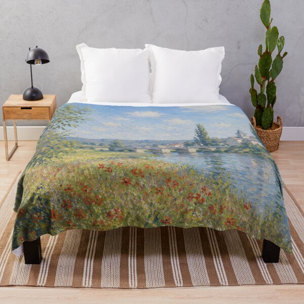 Item preview, Red Poppy Meadow by a French Riverside Village – Impressionist Landscape Painting designed and sold by Amalia Gutyz.