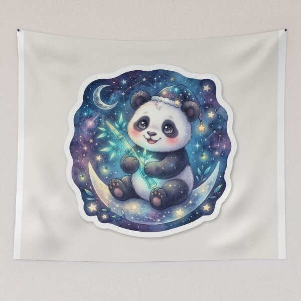 Item preview, Cute Baby Panda Holding Glowing Bamboo Shoot Under Starry Night Sky Art designed and sold by SAMORA ORIGINALS.