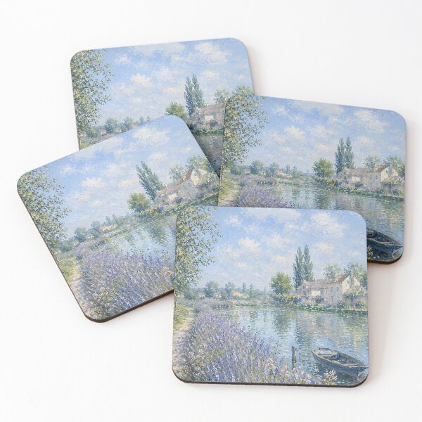 Item preview, Lavender Flowers and Rowboat on a French River – Impressionist Waterside Landscape designed and sold by Amalia Gutyz.