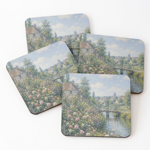 Item preview, Romantic Rose Garden and Wooden Footbridge – Impressionist French Village Painting designed and sold by Amalia Gutyz.