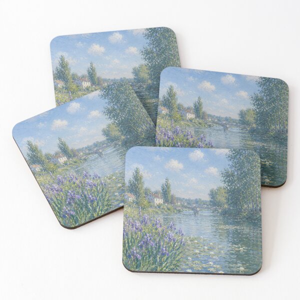 Item preview, Purple Irises and Water Lilies by a French River – Impressionist Floral Landscape designed and sold by Amalia Gutyz.