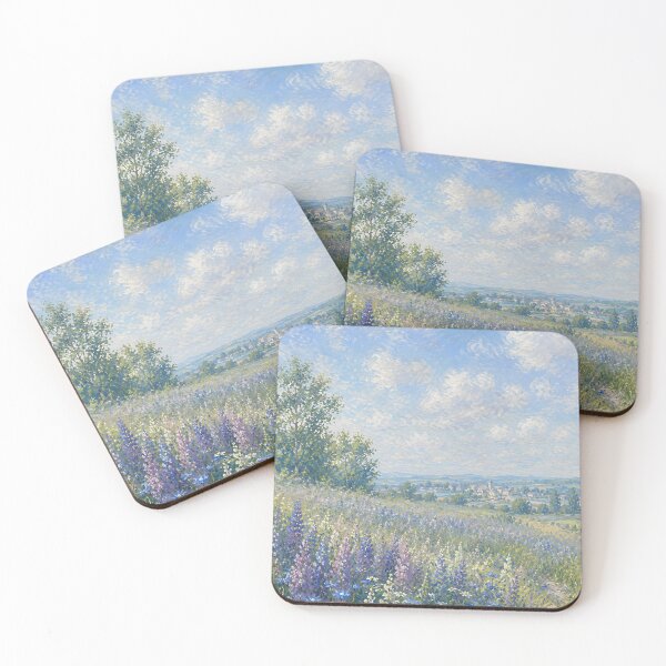 Item preview, Blue and Purple Wildflower Meadow Overlooking a French Village – Impressionist Landscape designed and sold by Amalia Gutyz.