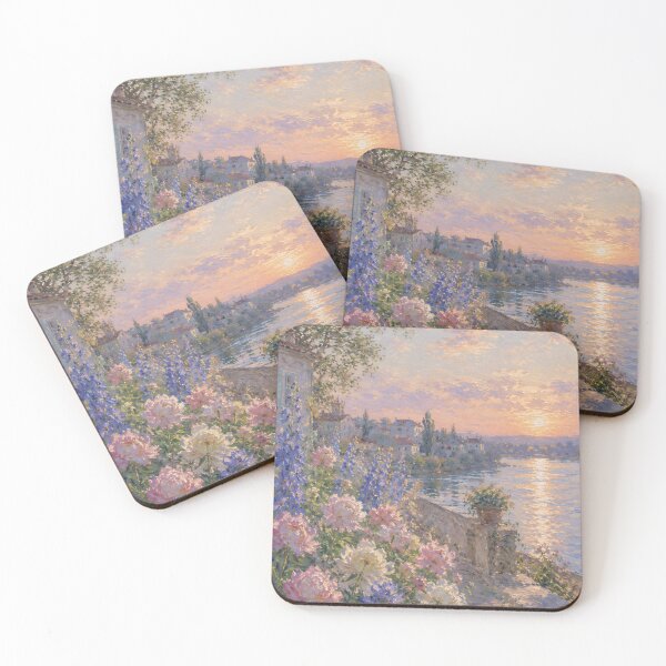 Item preview, Pink Peony Garden at Sunset Over a French River – Romantic Impressionist Landscape designed and sold by Amalia Gutyz.