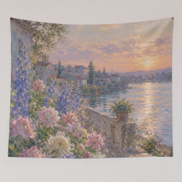 Item preview, Pink Peony Garden at Sunset Over a French River – Romantic Impressionist Landscape designed and sold by Amalia Gutyz.