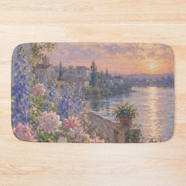Item preview, Pink Peony Garden at Sunset Over a French River – Romantic Impressionist Landscape designed and sold by Amalia Gutyz.