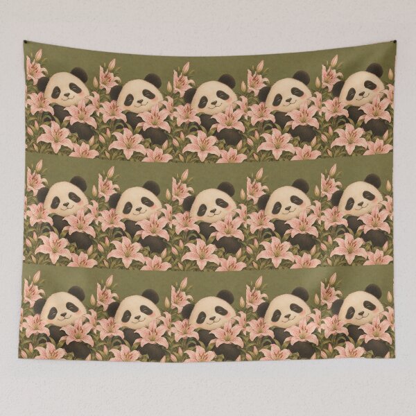 Item preview, Cute Panda and Pink Lily Flowers Vintage Botanical Illustration designed and sold by MimiSabu.