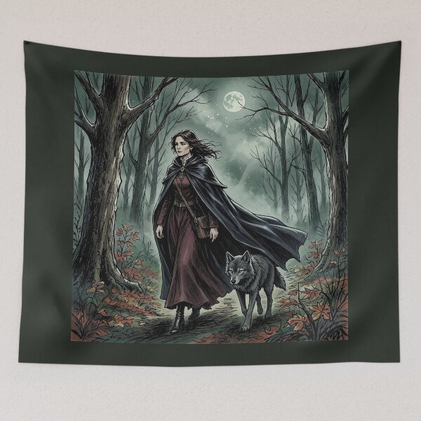 Item preview, Witch and Wolf Familiar, Gothic Moonlit Autumn Forest Art designed and sold by Roberta Calabrese.