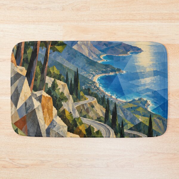 Item preview, Mediterranean Coastal Road and Turquoise Sea – Geometric Cubist Landscape Art designed and sold by Amalia Gutyz.