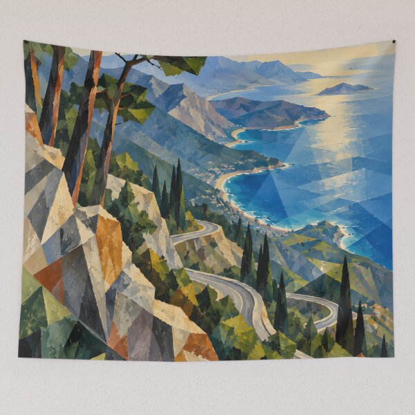 Item preview, Mediterranean Coastal Road and Turquoise Sea – Geometric Cubist Landscape Art designed and sold by Amalia Gutyz.