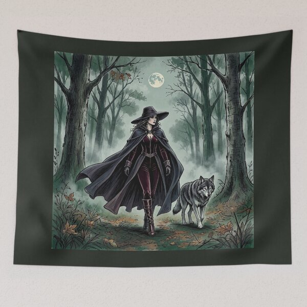 Item preview, Witch and Wolf Familiar, Gothic Moonlit Autumn Forest Art designed and sold by Roberta Calabrese.