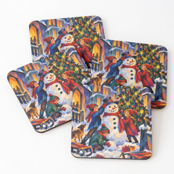 Item preview, Children Building a Snowman by the Christmas Tree – Colorful Winter Holiday Painting designed and sold by Amalia Gutyz.