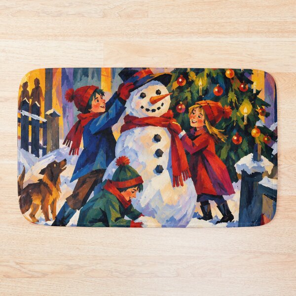 Item preview, Children Building a Snowman by the Christmas Tree – Colorful Winter Holiday Painting designed and sold by Amalia Gutyz.