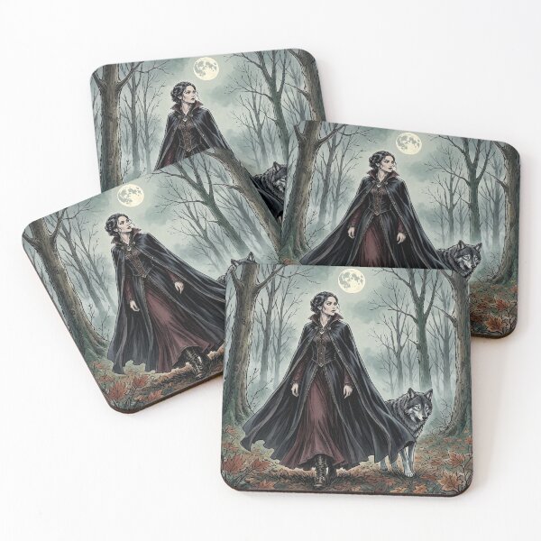Item preview, Witch and Wolf Familiar, Gothic Moonlit Autumn Forest Art designed and sold by Roberta Calabrese.