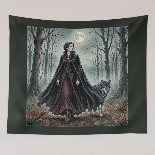 Item preview, Witch and Wolf Familiar, Gothic Moonlit Autumn Forest Art designed and sold by Roberta Calabrese.