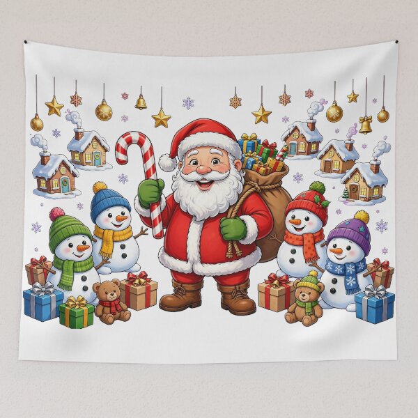 Item preview, Cheerful Santa Claus with Snowmen, Gifts and Winter Village Houses designed and sold by Deepsleepstudio.