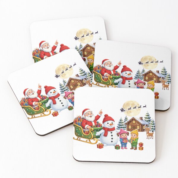 Item preview, Santa Claus with Snowman and Children, Winter Cabin and Full Moon with Flying Sleigh designed and sold by Deepsleepstudio.
