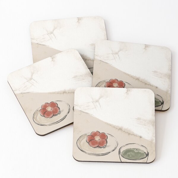 Item preview, Matcha and Wagashi Camellia Japandi Ink Art Japanese Sweets Tea Ceremony Wabi Sabi Decor designed and sold by WabiSabiEssence.