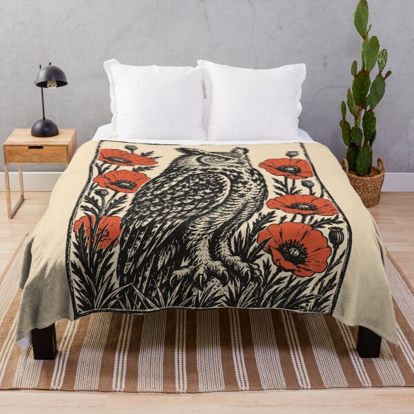 Item preview, Great Horned Owl Poppy Flowers Gothic Linocut designed and sold by Y-Vibes.