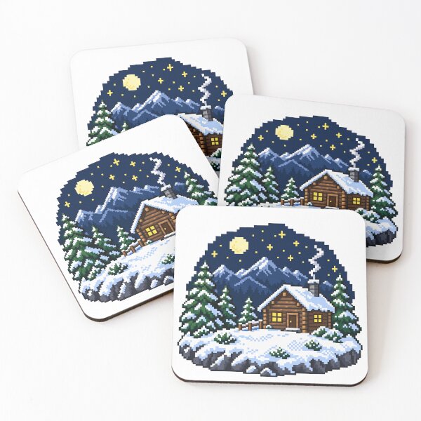 Item preview, Pixel Art Snowy Log Cabin Winter Night Mountains designed and sold by codex401.