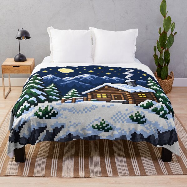 Item preview, Pixel Art Snowy Log Cabin Winter Night Mountains designed and sold by codex401.