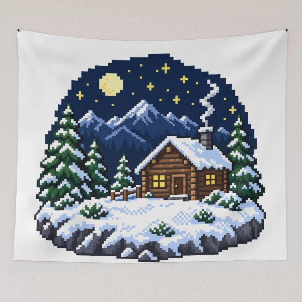 Item preview, Pixel Art Snowy Log Cabin Winter Night Mountains designed and sold by codex401.
