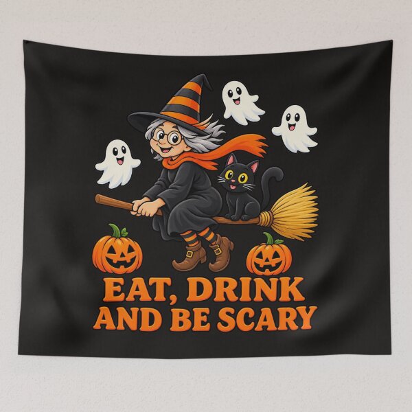 Item preview, Halloween Witch flying with cat ghosts and pumpkin's  designed and sold by JamesDunican.