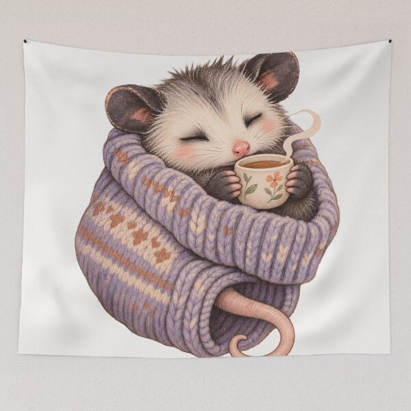 Item preview, Cozy Opossum with Coffee in Sweater Cute Fall Cottagecore Aesthetic T-Shirt designed and sold by Sobalvarro Art & Apparel.