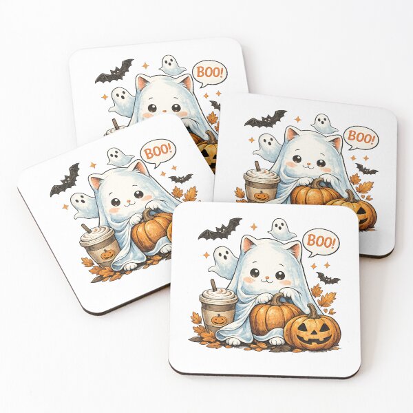 Item preview, Cute Halloween Ghost Cat with Pumpkins designed and sold by CozyCritterWork.