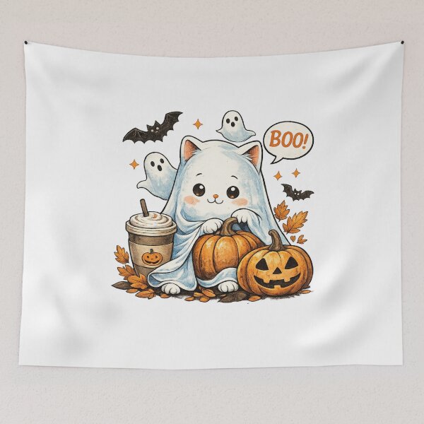 Item preview, Cute Halloween Ghost Cat with Pumpkins designed and sold by CozyCritterWork.