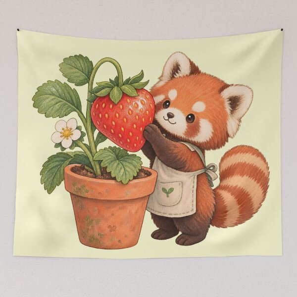 Item preview, Cute Red Panda Gardening Giant Strawberry Cottagecore Kawaii Animal T-Shirt designed and sold by Sobalvarro Art & Apparel.