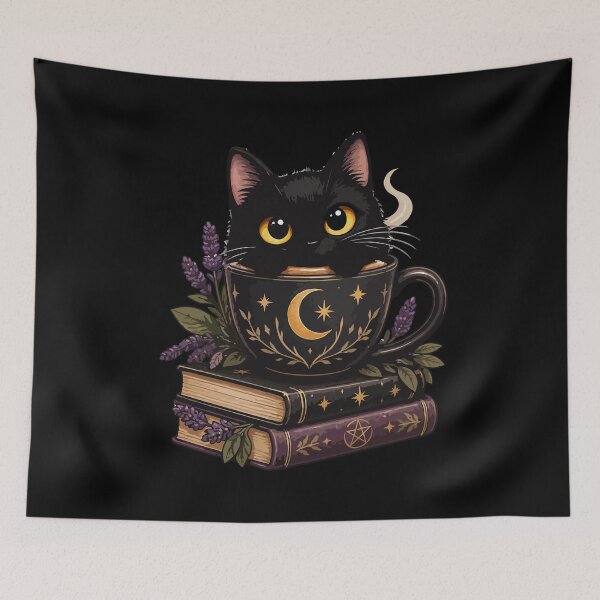 Item preview, Magical Black Cat in a Moon and Stars Teacup – Witchy Cat Art designed and sold by ByGio.