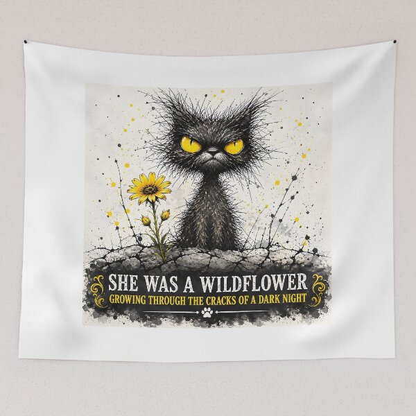 Item preview, She Was A Wildflower Growing Through The Cracks - Grumpy Black Cat Sunflower Art designed and sold by IRON SIREN.