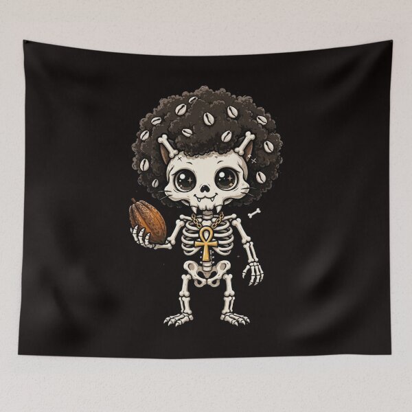 Item preview, Kawaii Skeleton Cat with Afro Puffs and Cacao Pod - Spooky Magic Art designed and sold by CACAO ROOTS CO.