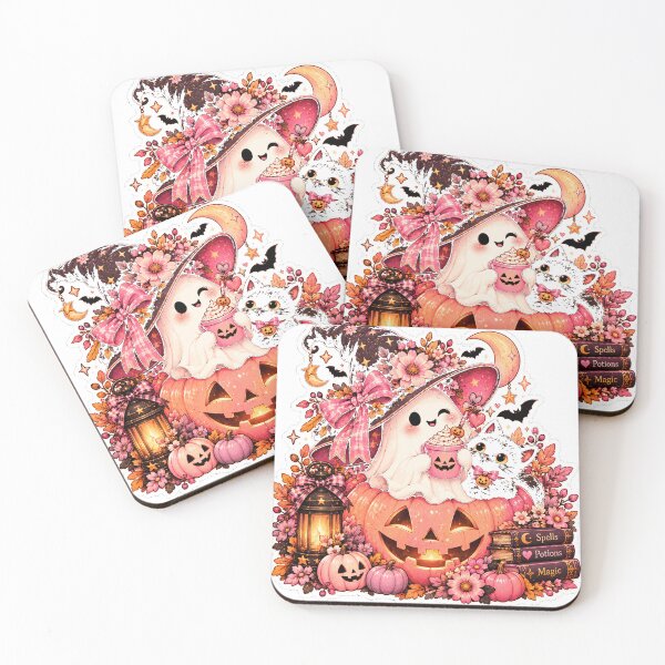 Item preview, Pink Kawaii Halloween Ghost and Black Cat Sticker designed and sold by PaginaBrew.