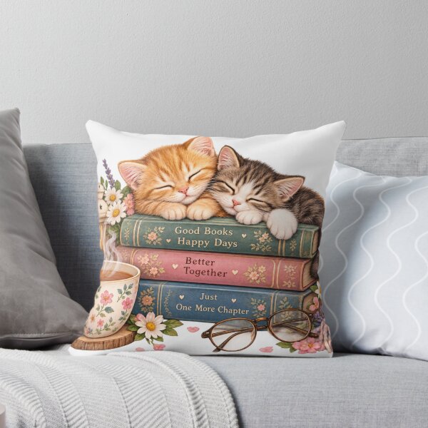 Item preview, Two Sleepy Cats on Vintage Books with Tea – Cozy Book Lover Cat Art designed and sold by CuteOasis.
