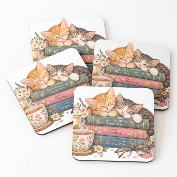 Item preview, Two Sleepy Cats on Vintage Books with Tea – Cozy Book Lover Cat Art designed and sold by CuteOasis.