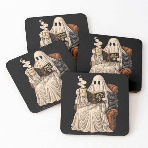 Item preview, 500 & Brew – Cozy Ghost Reading Ghost Stories with Black Cat designed and sold by CozyCritterWork.