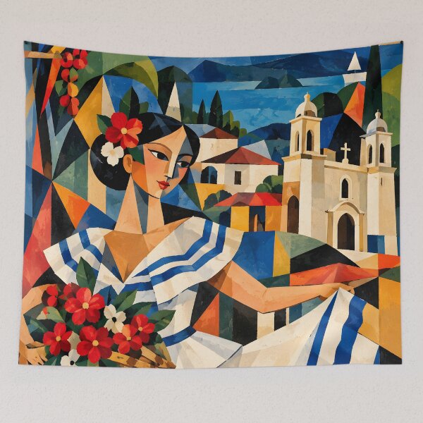 Item preview, Salvadoran Woman with Tropical Flowers and Parrot – Colorful Cubist El Salvador Art designed and sold by Amalia Gutyz.