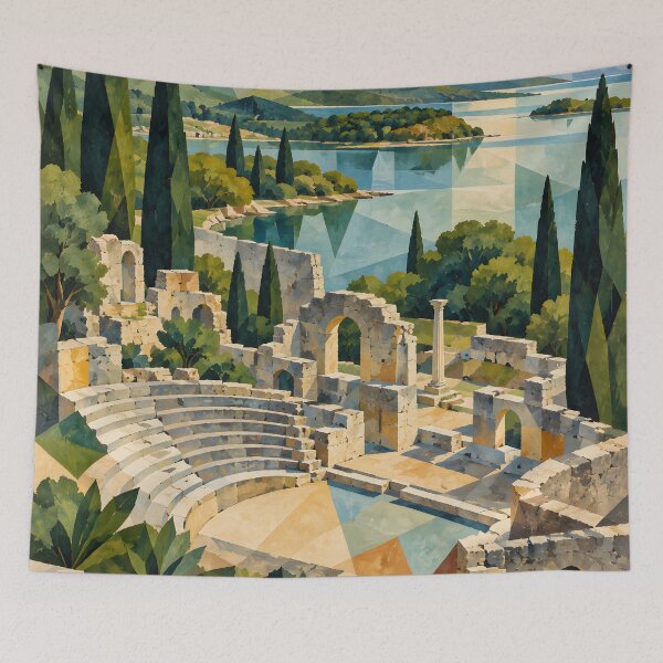 Item preview, Ancient Roman Amphitheater by a Mediterranean Lake – Geometric Cubist Landscape designed and sold by Amalia Gutyz.